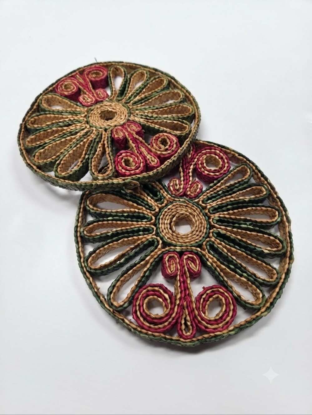 Pair of Vintage 1970s Woven Palm Leaf Trivets - Boho Mid-Century Modern